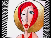 “Paradiesvogel”, Acryl und echte Blattgoldfolie auf Keilrahmen mit Rahmen 63 x 83 cm ( im Sept. 2023 von Artavita mit einem Finalist Certificate ausgezeichnet )