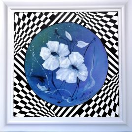 “Lila Blumen – my art”, Acryl auf Malplatte mit Rahmen 60 x 60 cm