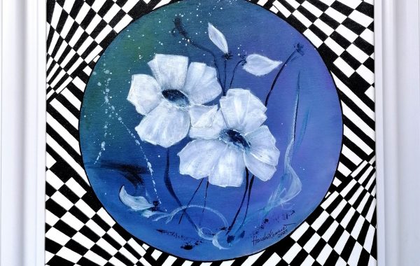 “Lila Blumen – my art”, Acryl auf Malplatte mit Rahmen 60 x 60 cm