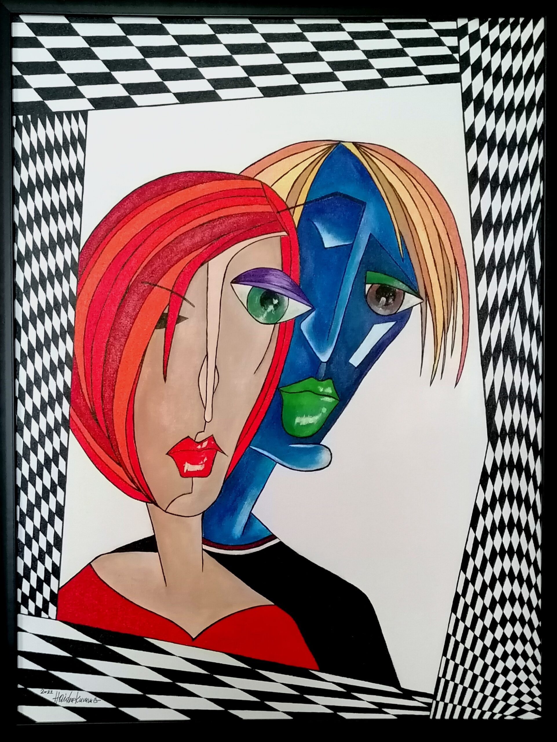 Kubismus – Dream Team”, Acryl auf Keilrahmen mit Rahmen 63 x 83 cm ( im  Juni 2023 mit dem Kunstpreis der Galerie Rotes Sofa in Deutschland  ausgezeichnet )