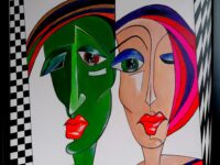 “Kubismus – Liebe oder Freundschaft ??”, Acryl auf Keilrahmen mit  Rahmen 63 x 83 cm (2023 für den Kunstpreis nominiert und im Feb. 2024 damit einen Global Art Virtuoso: Elite Artistic Career Achievement Award erhalten )