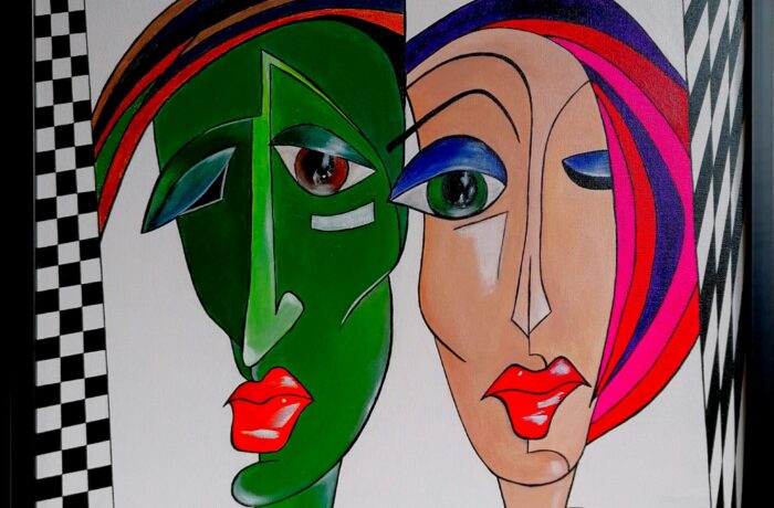 “Kubismus – Liebe oder Freundschaft ??”, Acryl auf Keilrahmen mit  Rahmen 63 x 83 cm
