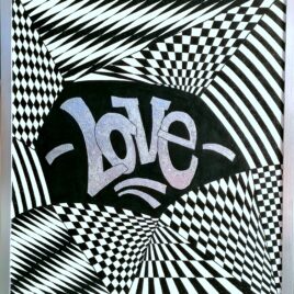 ” L O V E ” Acryl auf Keilrahmen mit echter Silberfolie im Silberrahmen, 53 x 63 cm ( im Februar 2025 mit einem Masterful Mind Award ausgezeichnet )