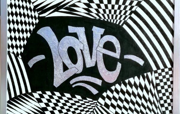 ” L O V E ” Acryl auf Keilrahmen mit echter Silberfolie im Silberrahmen, 53 x 63 cm ( im Februar 2025 mit einem Masterful Mind Award ausgezeichnet )