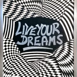 ” LIVE YOUR DREAMS ” Acryl auf Keilrahmen mit echter Silberfolie im Silberrahmen, 53 x 63 cm ( im Jänner 2024 mit einem Finalisten Certificate und im Februar 2024 mit einem Artistic Excellence Award  ausgezeichnet )
