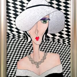 ” Society Lady “, Acryl mit echter Silberfolie im Rahmen 60 x 80 cm ( im März 2025 mit einem Finalist Certificate ausgezeichnet )