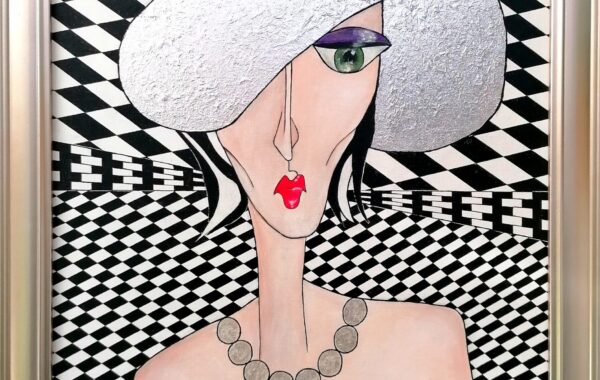 ” Society Lady “, Acryl mit echter Silberfolie im Rahmen 60 x 80 cm ( im März 2025 mit einem Finalist Certificate ausgezeichnet )