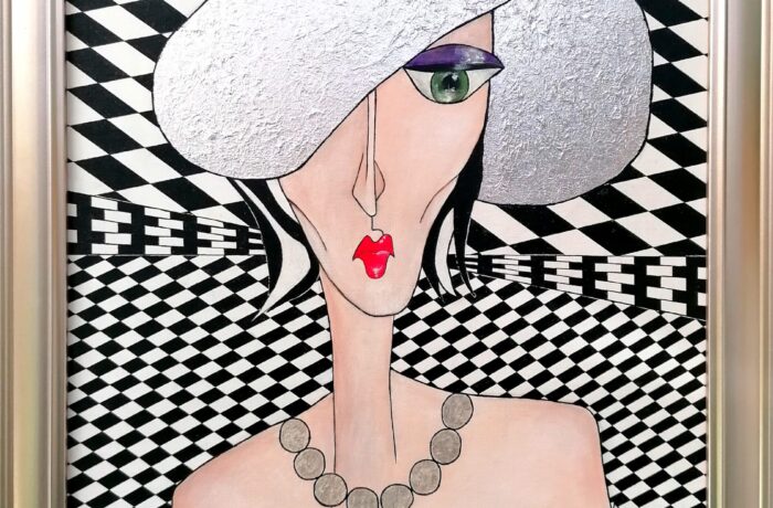 ” Society Lady “, Acryl mit echter Silberfolie im Rahmen 60 x 80 cm ( im März 2025 mit einem Finalist Certificate ausgezeichnet )